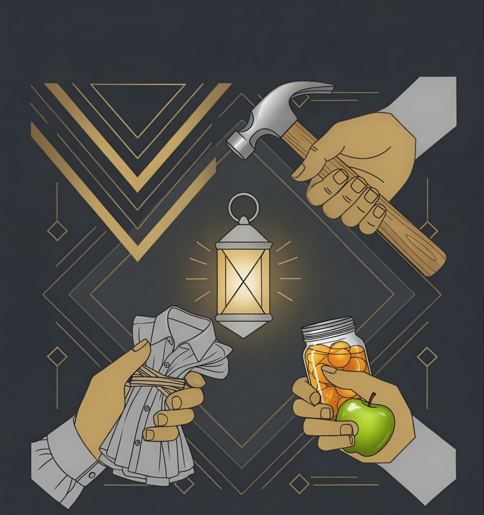 people bringing a hammer, clothes, and food to a shared light
